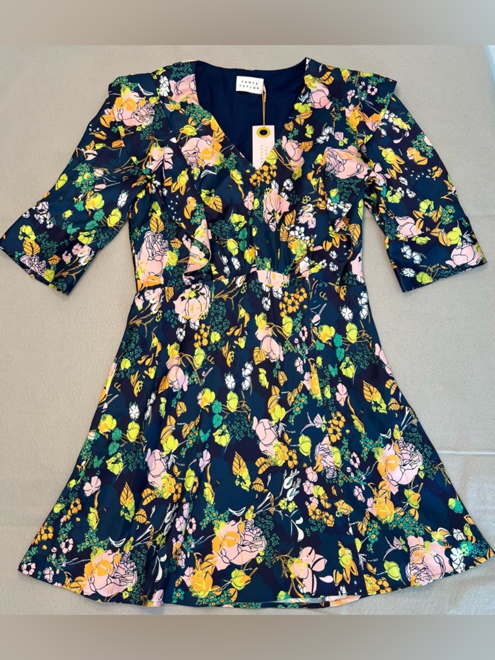 TANYA TAYLOR Audrey Mini A-Line Floral Ruffle Puff Sleeve Dress $279 Size 10 New